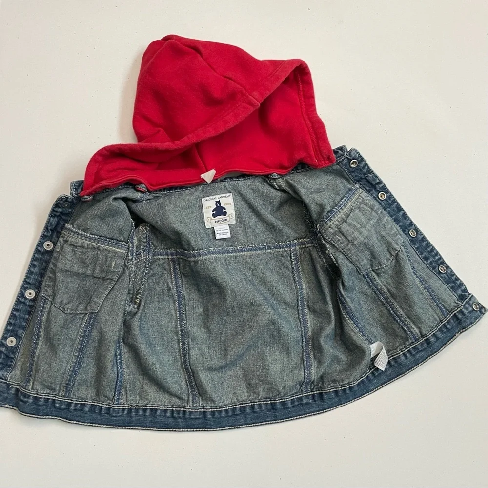 Gap Baby Jacket Denim Embroidered Handsome Devil Removable Hood Pockets Blue Red